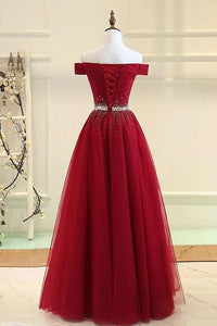 A Line Burgundy Off the Shoulder Lace up Tulle Sweetheart Long Prom Dresses RS141