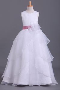 2024 White Flower Girl Dresses Ball Gown Scoop Floor Length Organza
