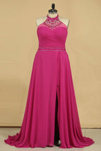 Load image into Gallery viewer, 2024 A Line High Neck Prom Dresses Chiffon With Beading And Ruffles