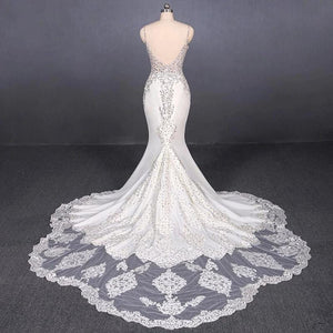 Spaghetti Straps Mermaid Wedding Dress with Lace, V-neck Wedding Dresses SRS15418