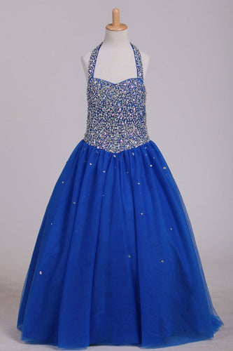 2024 Flower Girl Dresses Halter Beaded Bodice A Line Tulle Royal Blue