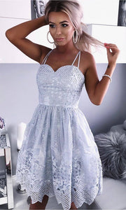 A-Line Spaghetti Straps Knee-Length Gray Lace Sweetheart Prom Homecoming Dress RS657