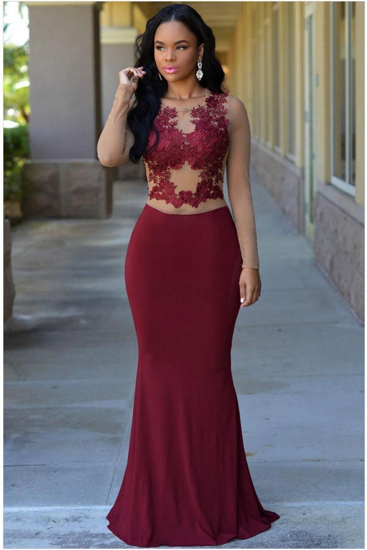 Jersey Scoop Neck Sexy Burgundy Mermaid Long Sleeves Zipper Appliques Prom Dresses RS480