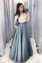 Load image into Gallery viewer, 2 Pieces Long Lace Satin A-Line Elegant Prom Dresses For Teens