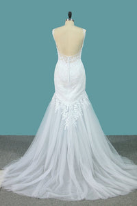 2023 Spaghetti Straps Tulle Mermaid Wedding Dresses With Applique Open Back