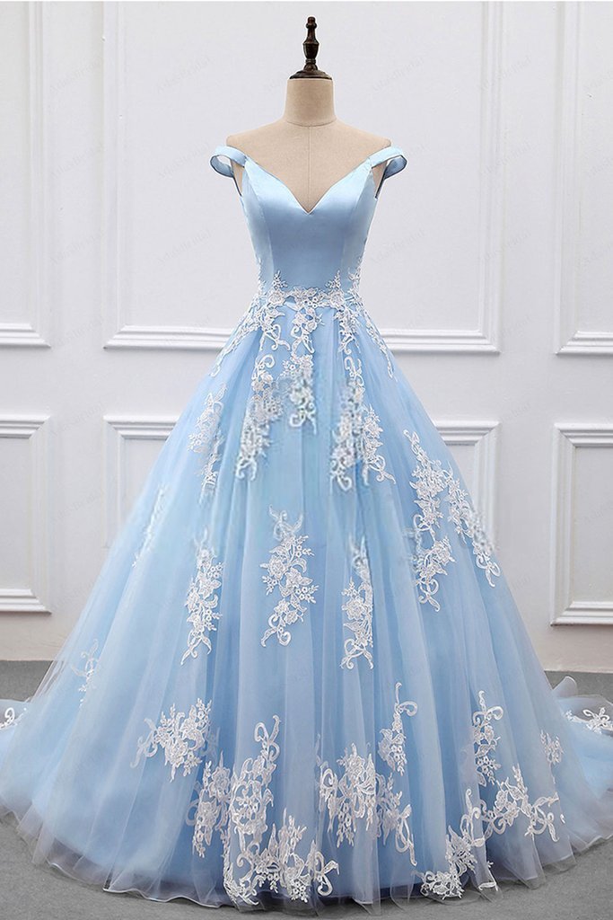 2023 Sky Blue Appliques Charming Ball Gown Off-the-Shoulder V-Neck Prom SRS10100