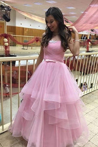Unique Pink Tulle Long Prom Dresses, Strapless Belt Sweet 16 Dress SRS15462