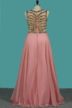 Load image into Gallery viewer, 2024 A Line Scoop Chiffon Prom Dresses With Rhinestones See Through Floor-Length