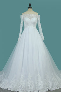 2023 Boat Neck A Line Long Sleeves Wedding Dresses Tulle With Applique