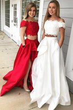 Load image into Gallery viewer, A-Line Princess Off-the-Shoulder Sleeveless Brush Train Lace Satin Two Piece Prom Dresses RS562