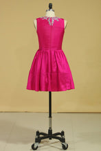 Load image into Gallery viewer, 2024 Scoop A Line Short Homecoming Dresses Taffeta Beaded With Ribbon Fuchsia
