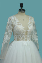 Load image into Gallery viewer, 2024 Long Sleeves A Line Scoop Tulle Wedding Dresses With Applique Chapel Train
