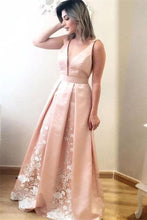 Load image into Gallery viewer, Beautiful V-Neck Pink Long A-Line Prom Dresses With Ivory Appliques