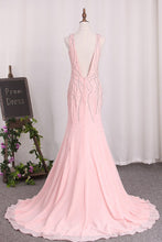 Load image into Gallery viewer, 2024 Open Back V-Neck Mermaid Chiffon With Beads And Slit Prom Dresses