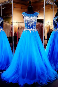 2024 Open Back Scoop Prom Dresses Tulle With Beading Sweep Train A Line
