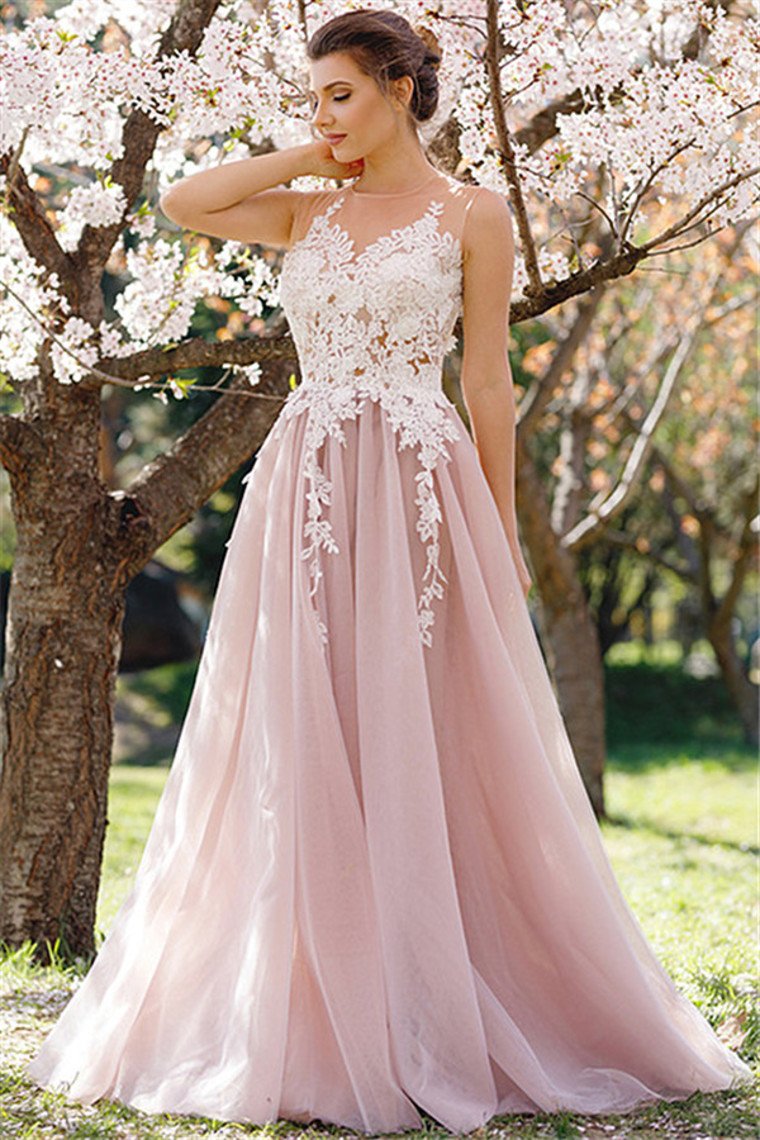 2024 Tulle Prom Dresses Scoop With Applique A Line Sweep Train