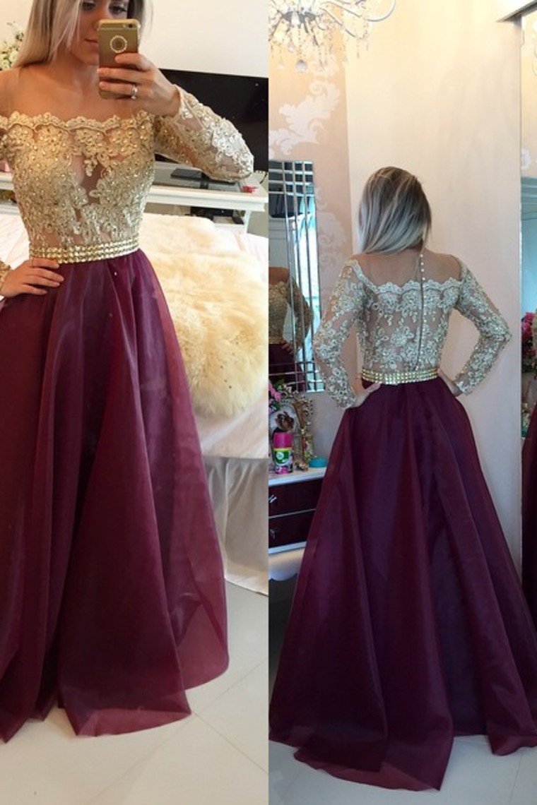2023 Prom Dresses Scoop A Line With Applique And Beads Floor Length Long Sleeves