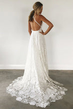 Load image into Gallery viewer, Spaghetti Straps Ivory Lace Open Back Long Wedding Dresses Elegant Beach Wedding Dresses