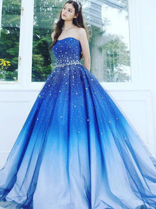 A Line Blue Strapless Sweetheart Ombre Sweep Train Ball Gown Beads Tulle Prom Dresses RS891