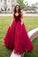 Strapless A-line Long V-Neck Tulle Burgundy Sleeveless Floor-Length Prom Dresses RS269