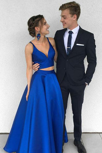 A Line Two Pieces Spaghetti Straps Simple Long Cheap V Neck Blue Sleeveless Prom Dress RS637