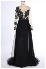 Load image into Gallery viewer, New Style Black Long Sleeves Lace Deep V Neck Thigh-High Slit Sexy Lace Evening Gowns RS111