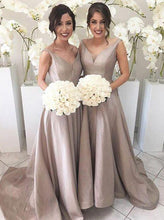 Load image into Gallery viewer, Simple V-neck Sleeveless Hi Low Sweep Train Silver Bridesmaid Dress RS615
