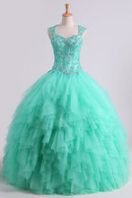 Load image into Gallery viewer, 2024 Mint Sweetheart Floor Length Beaded Bodice Quinceanera Dresses Tulle Ball Gown