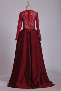 2024 Burgundy Asymmetrical Prom Dresses Long Sleeves Taffeta & Tulle Hot