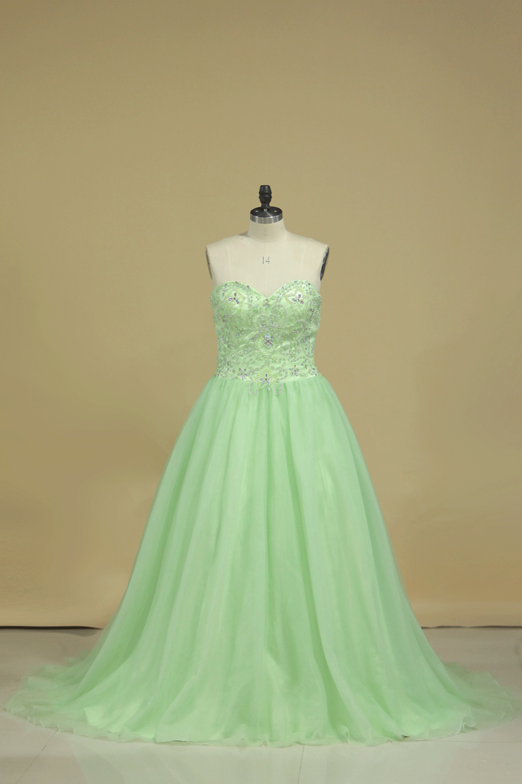 2024 New Arrival Sweetheart Prom Dresses A Line Tulle Sweep Train With Beading