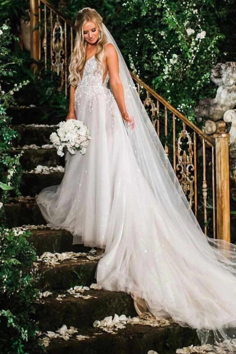 Elegant A Line Illusion Beads V Neck Tulle Long Backless Wedding Dresses Prom SRSP8CG9KC9