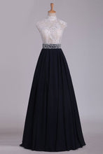 Load image into Gallery viewer, 2024 Prom Dresses High Neck Chiffon With Applique A Line Floor Length