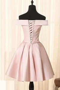 Simple A Line Off the Shoulder Pearl Pink Satin Short Homecoming Dresses with Lace RS923