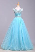 Load image into Gallery viewer, Ball Gown Blue Scoop Sequins Organza Long Prom Dresses Elegant Party Dresses RS165