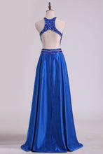 Load image into Gallery viewer, 2024 Floor Length A Line Scoop Open Back Prom Dresses Satin Beaded Bodice