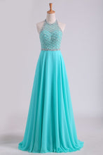 Load image into Gallery viewer, 2024 Open Back A Line Prom Dresses Halter Beaded Bodice Sweep Train Chiffon &amp; Tulle