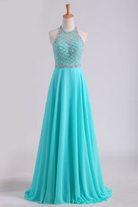 2024 Open Back A Line Prom Dresses Halter Beaded Bodice Sweep Train Chiffon & Tulle