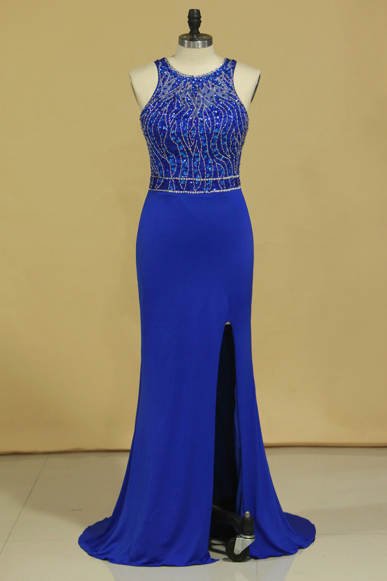 2024 Dark Royal Blue Open Back Prom Dresses Scoop Spandex With Beading And Slit Sweep Train