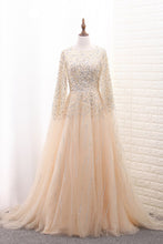 Load image into Gallery viewer, 2024 Shiny A Line Prom Dresses Scoop Tulle With Beading &amp; Rhinestones Sweep Train