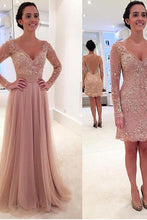 Load image into Gallery viewer, Long Sleeves V-neck Tulle Prom Dress with Detachable Train dusty pink sexy prom dress PD210187