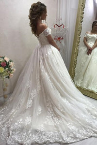 2024 Off The Shoulder A Line Wedding Dresses Tulle With Applique Court Train