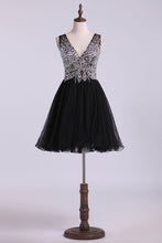 Load image into Gallery viewer, 2023 V-Neck Homecoming Dresses A-Line Short Beaded Bodice Tulle