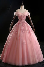 Load image into Gallery viewer, Ball Gown Off Shoulder Prom Dress With Flowers, Floor Length Applique Quinceanera Dress