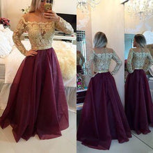Load image into Gallery viewer, Burgundy Princess Lace Bodice Long Sleeves A-Line Organza Dark Red Evening Dresses RS14