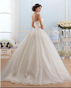 White Tulle Sweetheart Strapless Open Back Ball Gown Sleeveless Floor-Length Wedding Dress RS753