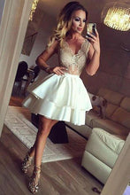 Load image into Gallery viewer, Sexy V Neck Lace Satin Zipper Back Mini Short School Dress Homecoming Dresses RS911