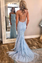 Load image into Gallery viewer, Elegant Spaghetti Straps Sky Blue Mermaid Backless Scoop Pageant Prom Dresses RS93