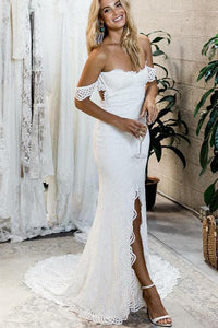 Off the Shoulder White Sweetheart Lace Sexy Mermaid Open Back Beach Wedding Dresses RS725