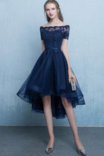 Load image into Gallery viewer, Dark Blue Lace Tulle Short Sleeve High Low Round Neck A-Line Short Prom Dresses RS408