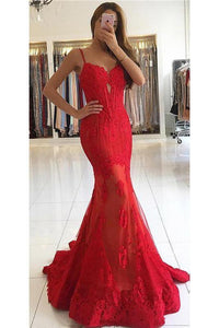 Charming Sexy Long Red Lace Cheap Mermaid Spaghetti Straps Sweetheart Prom Dresses RS321
